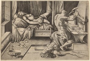 Venus tilbagelænet med Vulcan i hans smedje af Enea Vico after Parmigianino