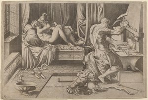 Venus og Mars omfavner med Vulcan i hans smedje af Enea Vico after Parmigianino