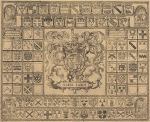 Våbenskjolde med hjørneportrætter af Henry VII, Henry VIII, Edward VI og Mary af English 16th Century