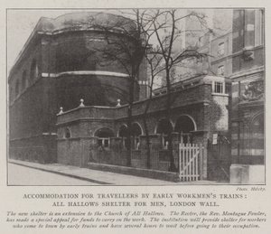 Indkvartering for rejsende med Early Workmens-tog, All Hallows Shelter for Men, London Wall af English Photographer