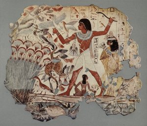 En egyptisk officer, ledsaget af sin kone og datter, fisker efter fugle i en mose med masser af vandfugle og fisk (foto) af English Photographer