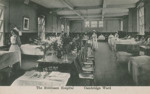 Cambridge Ward, Middlesex Hospital, London. Postkort sendt 16. august 1913. af English Photographer