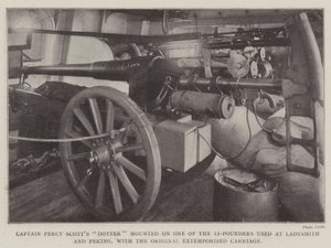 Kaptajn Percy Scotts Dotter monteret på en af de 12-punds, der blev brugt i Ladysmith og Peking, med den originale ekstemporerede vogn af English Photographer