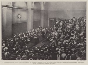 Hundredårets fejring af Royal College of Surgeons, præsentation af diplomer til markisen af Salisbury, Lord Rosebery og andre, ved University of London, den 26. juli af English Photographer