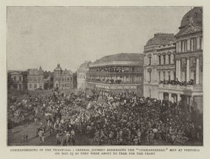General Joubert, som kommandant i Transvaal, talte til de befalede mænd i Pretoria den 23. maj, da de var ved at tage til fronten. af English Photographer
