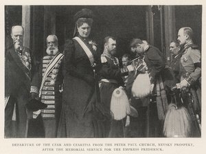 Czar og Czaritsas afgang fra Peter Paul-kirken, Nevsky Prospect, efter mindehøjtideligheden for kejserinde Frederik af English Photographer