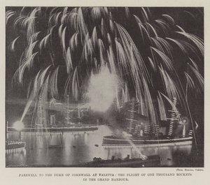 Farvel til hertugen af Cornwall ved Valetta, flyvningen af tusinde raketter i Grand Harbor af English Photographer
