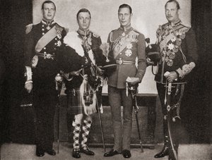 Fire af de fem sønner af kong George V, fra venstre mod højre, prins George, hertug af Kent, kong Edward VIII, senere hertug af Windsor, prins Albert, hertug af York, senere kong George VI, prins Henrik, hertug af English Photographer