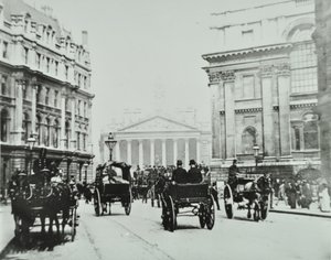 Fra Queen Victoria Street til Mansion House Street med Royal Exchange, City of London, 1895 af English Photographer