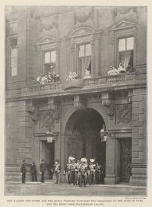 Hendes Majestæt Dronningen og de kongelige besøgende ser hertugen af Yorks og hans bruds afgang fra Buckingham Palace af English Photographer