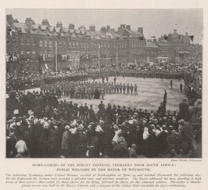 Dorset Imperial Yeomanrys hjemkomst fra Sydafrika, offentlig velkomst af Weymouths borgmester af English Photographer