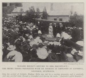 Madame Melbas Vend tilbage til hendes fødested, Prima Donna præsenteret med en adresse af ansatte i Cavehill, Lilydale, Australien af English Photographer