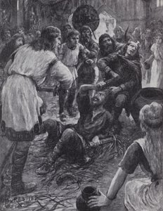 Mordet på kong Edmund I, mens han deltog i St. Augustinsdagsmessen i Pucklechurch, Gloucestershire, 946 (litho) af English Photographer