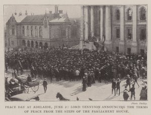 Fredsdag i Adelaide den 2. juni, Lord Tennyson annoncerer fredsbetingelserne fra parlamentshusets trapper af English Photographer