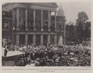 Proklamation af kong Edward VII i Pietermaritzburg, Sir Walter Hely-Hutchinson, afgående guvernør, læser proklamationen i parlamentsbygningerne af English Photographer