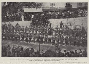 Modtagelse i Kingston-on-Thames af Service Corps of the 2nd East Surrey Volunteers vendte tilbage fra Sydafrika, borgmesteren byder velkommen til mændene ved kroningsstenen af English Photographer