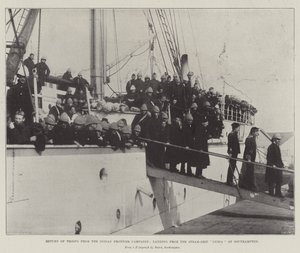 Troppernes tilbagevenden fra den indiske grænsekampagne, lander fra dampskibet Nubia ved Southampton af English Photographer