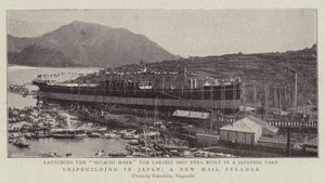 Skibsbygning i Japan, en New Mail Steamer af English Photographer