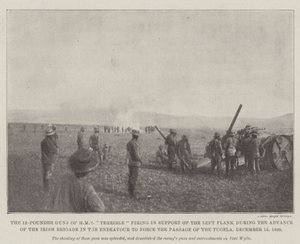 12-punds kanonerne fra HMS Terrible skyder til støtte for venstre flanke under den irske brigades fremrykning i bestræbelsen på at tvinge passagen af Tugela, 15. december 1899 af English Photographer
