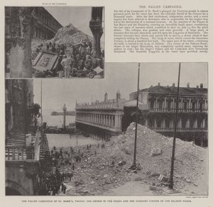 Den faldne Campanile of St Marks, Venedig, affaldene på Piazzaen og det beskadigede hjørne af Palazzo Reale