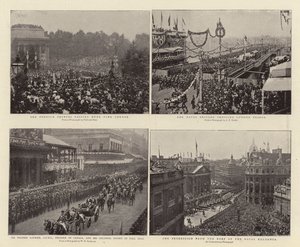 De udenlandske prinser passerer Hyde Park Corner, Sir Wilfrid Laurier, GCMG, Canadas premier, og Colonial Escort i Pall Mall, Naval Brigade krydser London Bridge, Procession fra Roof of the
