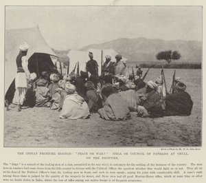 De indiske grænseopgange, fred eller krig? Jirga eller Council of Pathans ved Thull, på grænsen af English Photographer