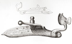 Tændstiklås fra 1600-tallet. Mekanisme eller lås, der bruges til at affyre et håndholdt skydevåben, fra The British Army: Its Origins, Progress and Equipment, udgivet 1868. af English School