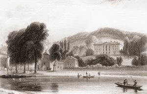 1800-tals udsigt over Beaumont Lodge, Old Windsor, Berkshire, England. Solgt i 1854 til Society of Jesus og omdøbt Beaumont College, en jesuiter folkeskole. Fra Churton