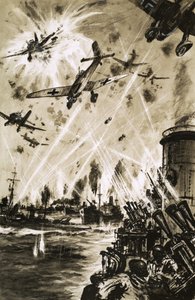 En britisk konvoj i Anden Verdenskrig under angreb fra tyske Stukas af English School