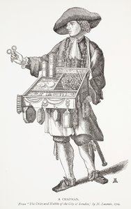 A Chapman, fra The Cries and Habits of the City of London af M. Lauren, 1709, frontispice-illustration fra Chap-books of the Eighteenth Century af John Ashton, pub. 1882 af English School