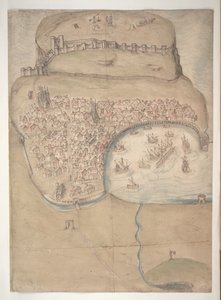 En farvet plan eller fugleperspektiv af Scarborough Town og Castle af English School