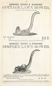 A Cottage and Simplex plæneklipper, illustration fra et havekatalog, udgivet af Barnard Bishop & Barnard, 1878 af English School