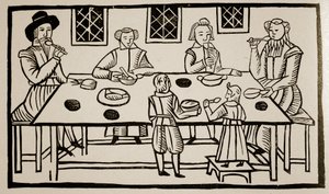 Et familiemåltid, ca. 1600 (sepia-billede) af English School