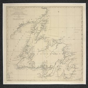 Et generelt diagram over øen Newfoundland med klipperne og sonderingen, tegnet fra undersøgelser taget ... Af James Cook og Michael Lane af English School