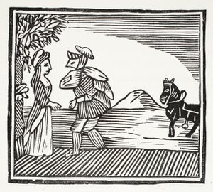 En gentleman vil rådføre sig med Mother Bunch, illustration fra Chap-books of the Eighteenth Century af John Ashton, pub. 1882 af English School