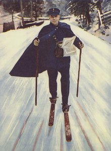 Et tysk postbud på ski (farve litho) af English School