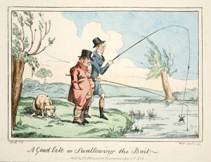 En god bid eller at sluge agnen, pub. 1835 (håndfarvet gravering) af English School