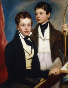 Et gruppeportræt af Musgrave Morris Boys, den ene siddende halvlængde i en mørk jakke, holder en bog, den anden stående trekvart i en mørk jakke, holder en sløjfe, ca. 1830 af English School