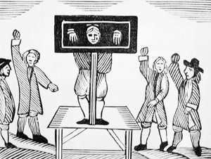 A Guilty Man in the Village Pillory, kopi af en illustration fra det 16. århundrede, fra en samling kapbøger om esoterica af English School