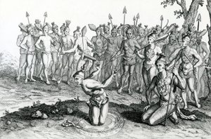 En konge af Florida, der konsulterede sin tryllekunstner, før han gik til kamp, illustration taget fra Moores Voyages and Travels, 1778 af English School