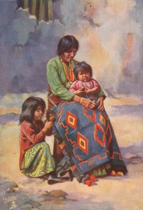 En navajo-indiansk squaw og børn (farvelitografi) af English School