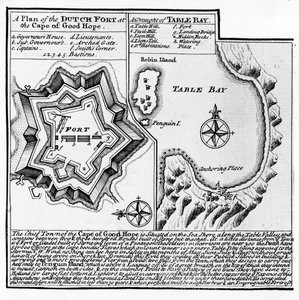 En plan over det hollandske fort ved Kap Det Gode Håb og en tegning af Table Bay af English School