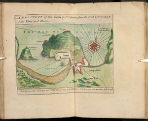 En udsigt til slottet St. Sebastien fra syd og Groundplatt af byen og havnen af English School