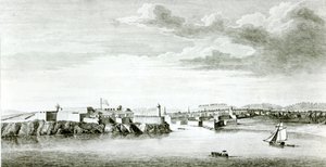 Et udsigt til Moro-slottet og byen Havana fra havet, indgraveret af Pierre Charles Canot efter en tegning af en officer fra den britiske flåde, 1818 af English School