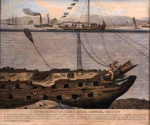 En repræsentation af H.M.S. Royal George of 108 Guns, udgivet i 1833 (farvet indgravering) af English School