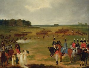 En gennemgang af Londons frivillige kavaleri og flyvende artilleri i Hyde Park i 1804, ca. 1804 (olie om bord anbragt på panel) af English School