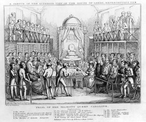 En skitse af det indre billede af House of Lords, der repræsenterer retssagen mod Hendes Majestæt Dronning Caroline, pub. 1820 (s/h gravering) af English School