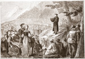 En schweizisk reformator prædiker for sin flok i det åbne felt, illustration fra The History of Protestantism af James Aitken Wylie (1808-1890), pub. 1878 af English School