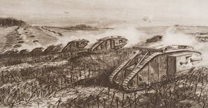 En kampvognsoffensiv ved Cambrai, Frankrig, illustration fra "The Outline of History" af H.G. Wells, bind II, udgivet i 1920 af English School