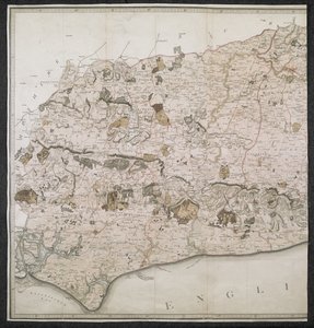 Et topografisk kort over grevskabet Sussex, opdelt i voldtægter, dekanier og hundredvis. Planlagt fra en faktisk undersøgelse i en skala fra en tomme til en vedtægtsmæssig mile af English School